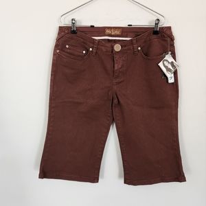 NWT Baby Phat Denim Brown Jean Bermuda Length Shorts Sz 13 Stretch stud pockets.